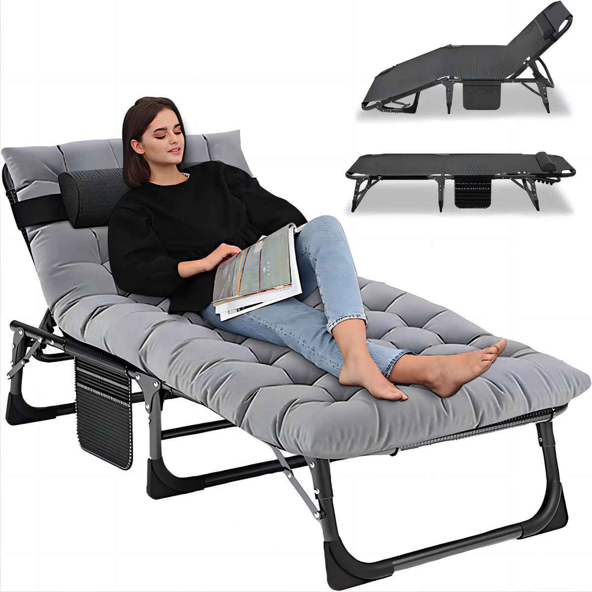 2026 NewMOPHOTO Lounge Chair with Mattress, Outdoor Chaise Lounge Support 440 Lbs, Adjustable Portable Heavy Duty Sleeping Cots Bed for Camping, Pool, Beach, Patio