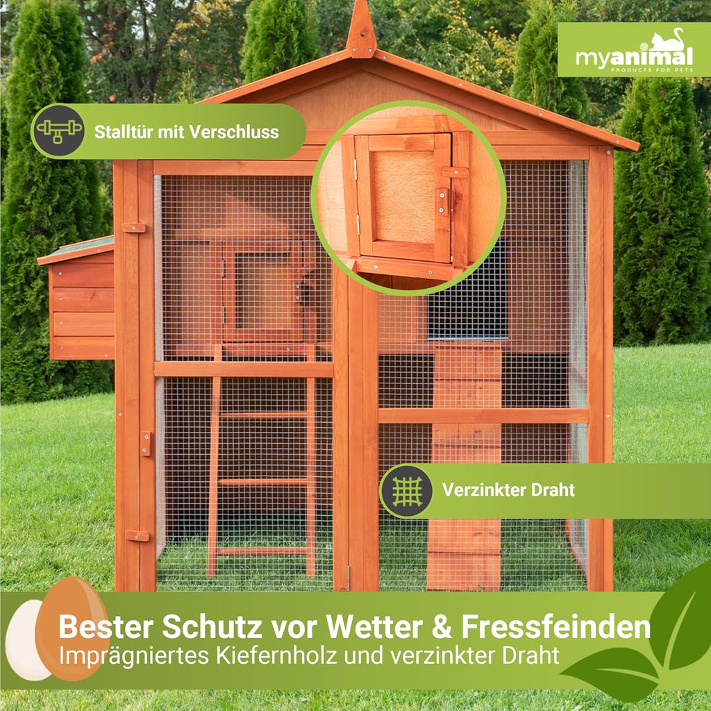 2026 Gallinero Miweba MyAnimal MH-15 XXL | 186x146x147 cm - Para 7 gallinas - Nido con corral - Percha - Resistente al invierno - 2 niveles - Gallinero con zona de puesta de huevos - Madera de pino - Aviario (Marrón)