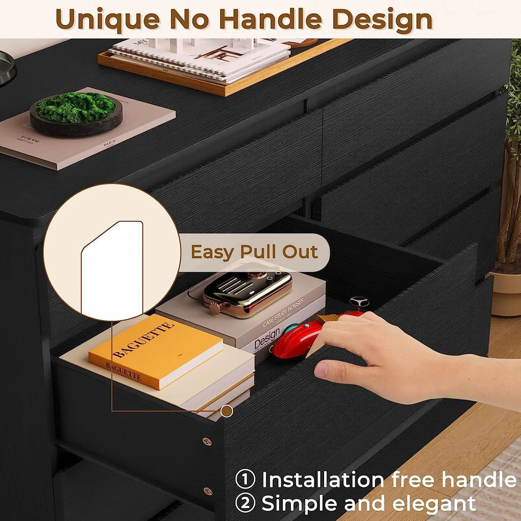 2026 New8 Drawers Double Dresser Wooden Black Chest of Drawers for Bedroom, Large Storage Cabinet for Home Living Room