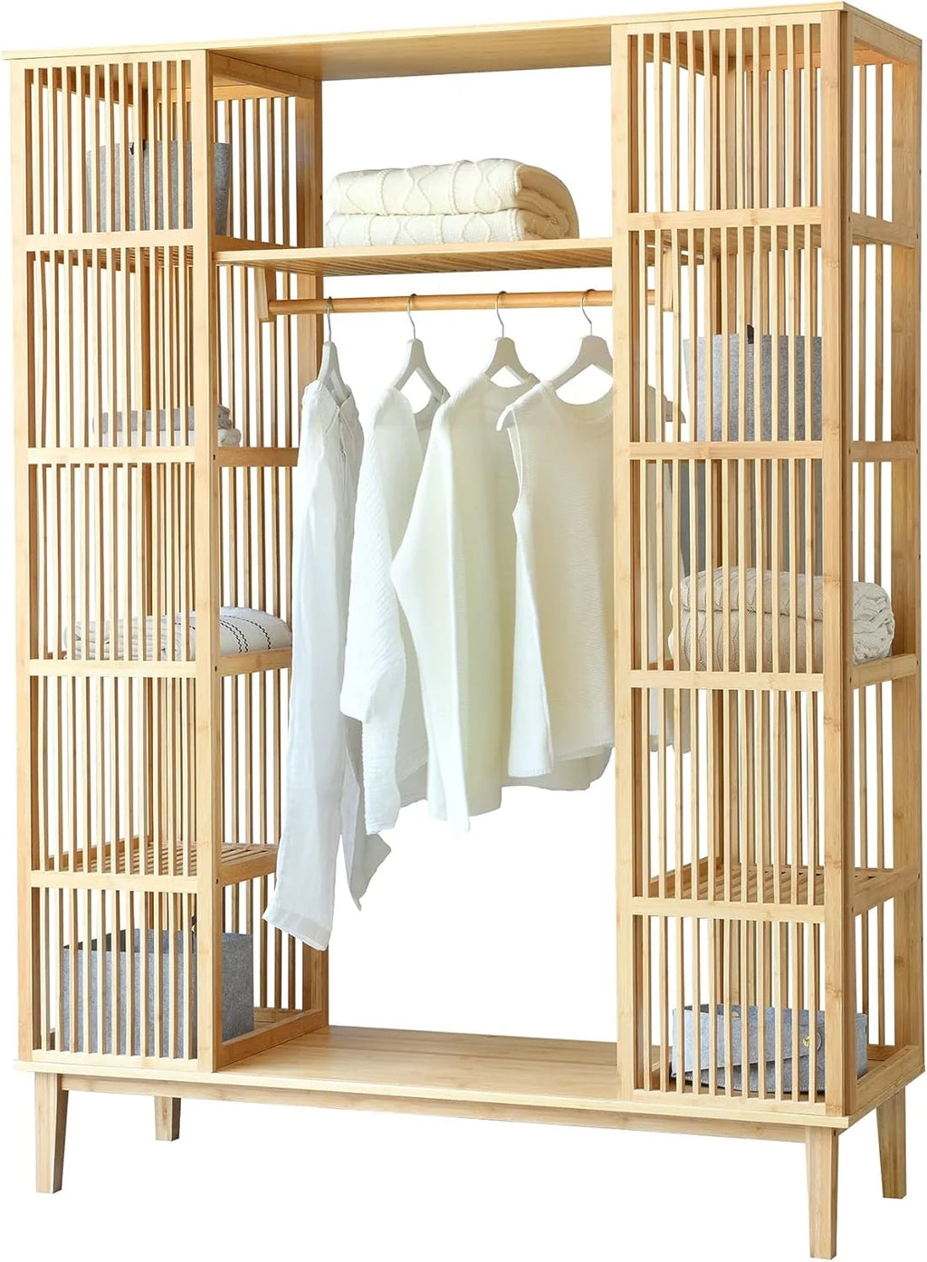 2026 [en.casa] Armario para Ropa con 2 Puertas Deslizantes Clóset con 12 Estantes y 1 Barra de Colgar Perchero de Bambú 185 x 140 x 45 cm Natural