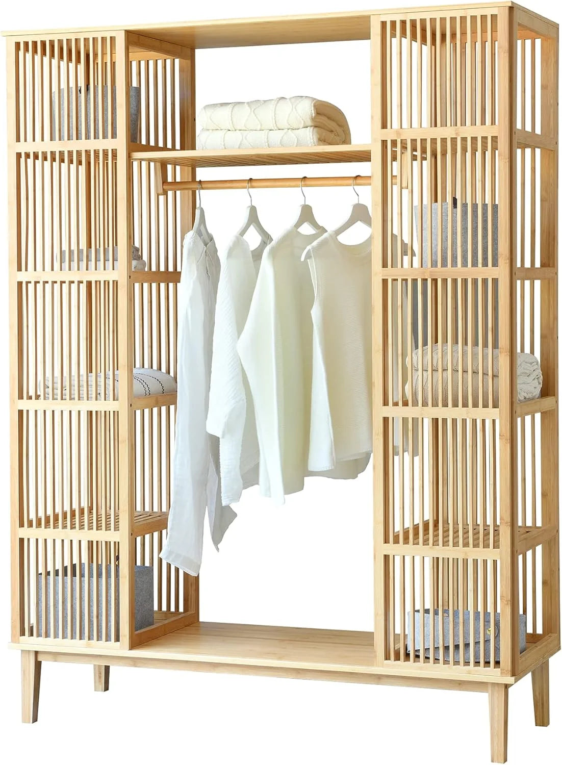 2026 [en.casa] Armario para Ropa con 2 Puertas Deslizantes Clóset con 12 Estantes y 1 Barra de Colgar Perchero de Bambú 185 x 140 x 45 cm Natural