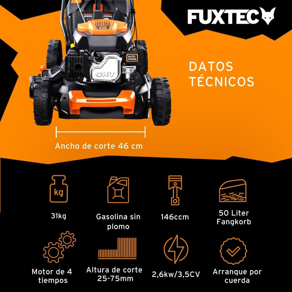 2026 Cortacésped de tracción de Gasolina autopropulsado FUXTEC FX-RM4646 46cm de Ancho de Corte, Potente Motor de Gasolina con transmisión GT 146cc Easy Clean 4en1 2,6KW Mulching/Bolsa de césped 50L