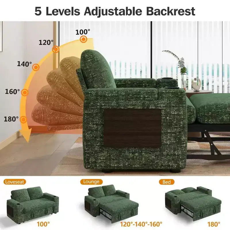 2026 Dyonery Sofá cama 4 en 1 de 65,5" con respaldos ajustables, carga USB/Type-C, portavasos y bolsillos, verde