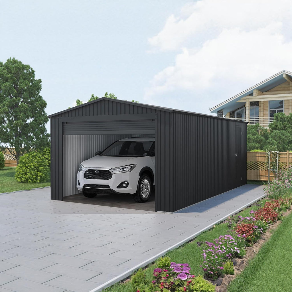 2026 Wasabi - Garaje Metálico 19,52m2 Jarama – Portón Amplio Enrollable - Resguardo Exterior Coche - Cierre Seguridad Llave - Puerta Lateral Peatonal - Cochera Cobertizo Jardín Almacenaje – 576x338x243cm
