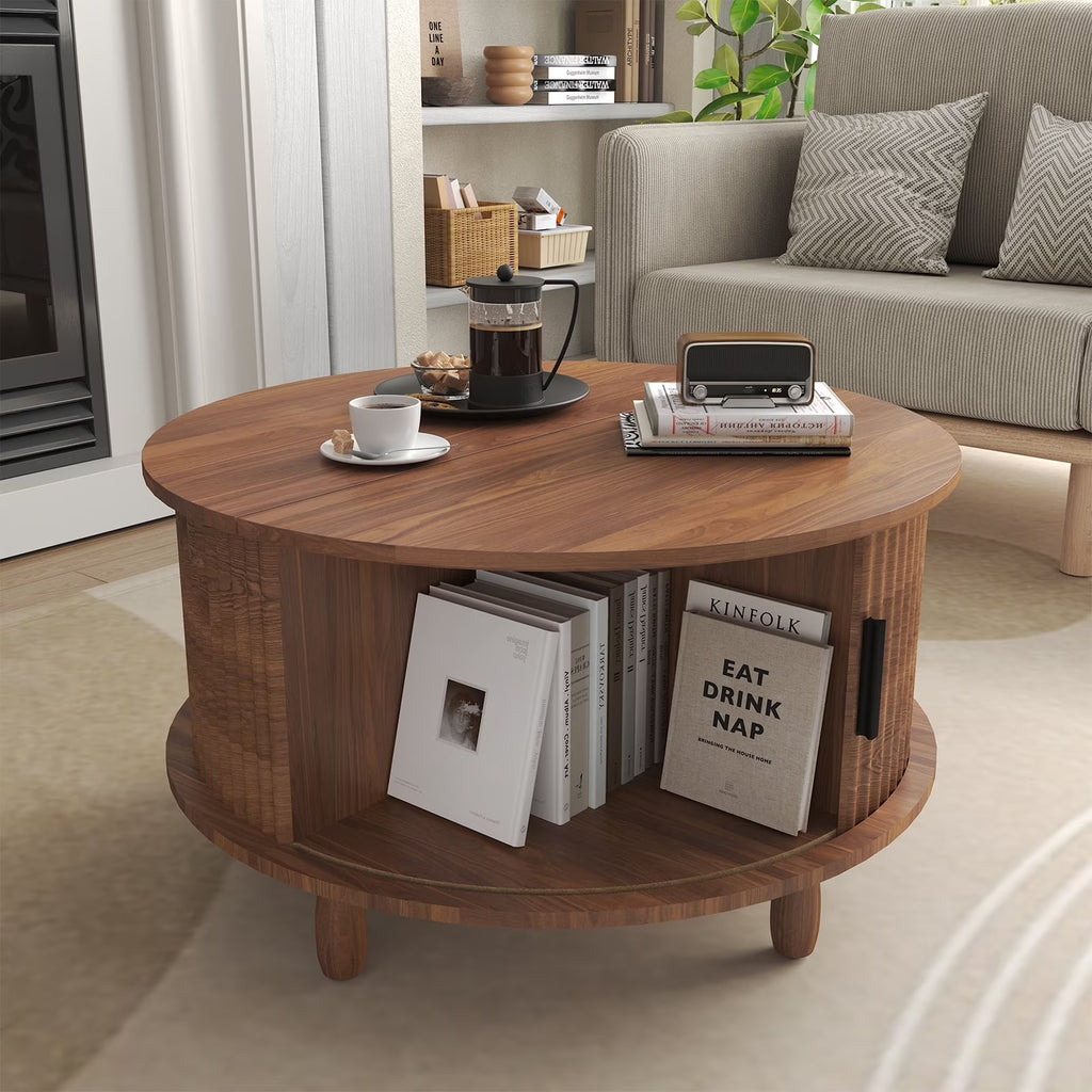 2026 NewRUMLIVE Round Coffee Table with Storage, 30.7" Modern Coffee Table with 360" Curved Sliding Door, Fluted Wood Coffee Table with Footpads, Round Center Table for Living Room, Black