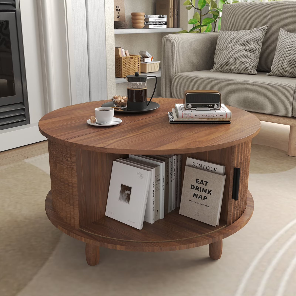 2026 NewRUMLIVE Round Coffee Table with Storage, 30.7" Modern Coffee Table with 360" Curved Sliding Door, Fluted Wood Coffee Table with Footpads, Round Center Table for Living Room, Black