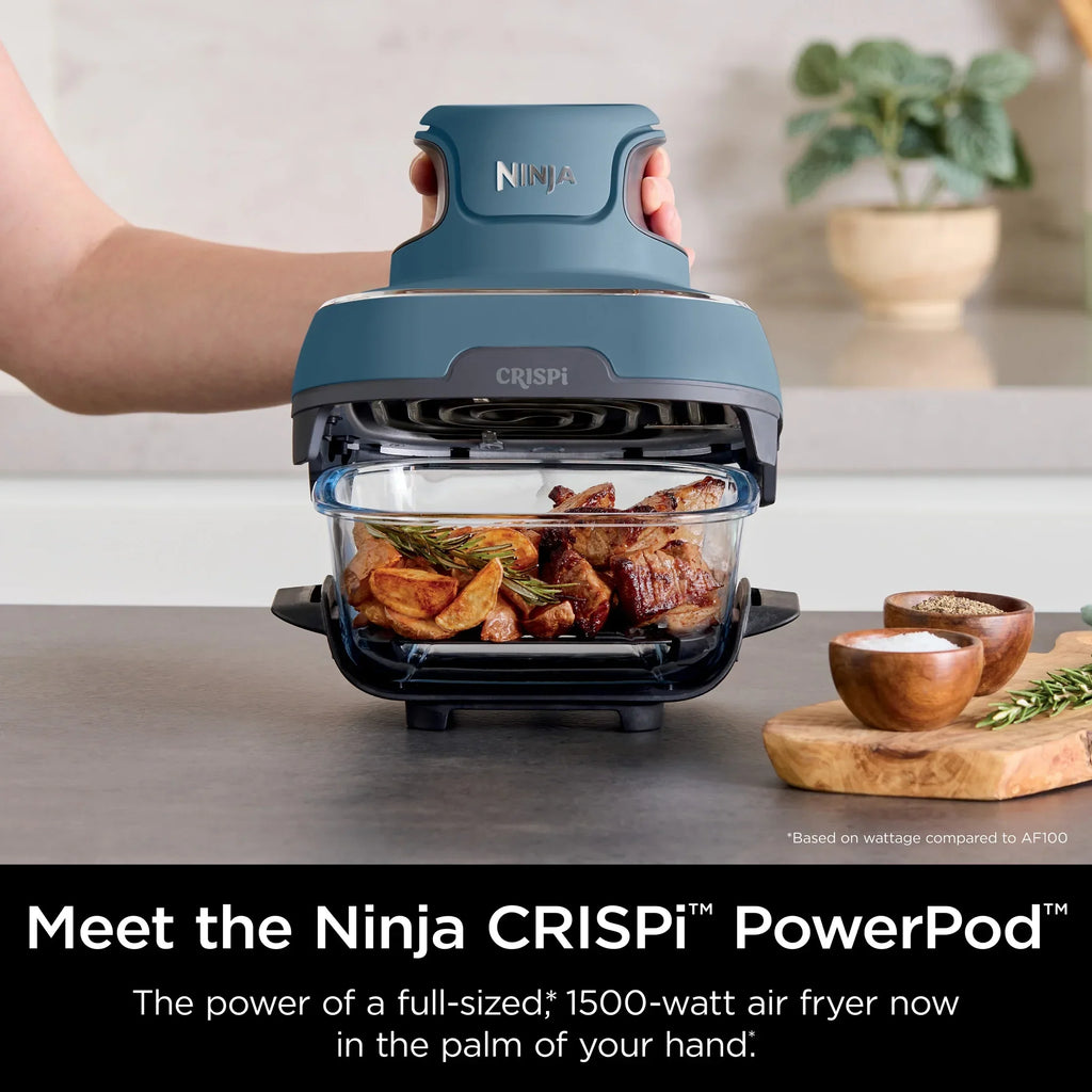 2026 NewNinja Crispi 3-in-1 Portable Glass Air Fryer Cooking System, 1500W, 4-Qt & 5-Cup TempWare Glass Containers with Storage Lids, Microwave, Freezer & Dishwasher Safe, White, FN100WH