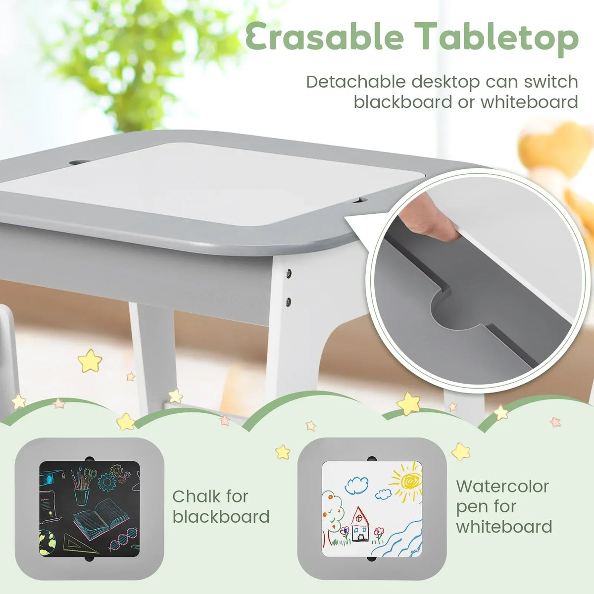 2026 NewOLAKIDS Kids Table and Chair Set, 3 in 1 Wooden Activity Table with Removable Tabletop, Blackboard and Whiteboard for Toddlers Arts Crafts Drawing Reading Playing, Playroom Nursery (Natural)