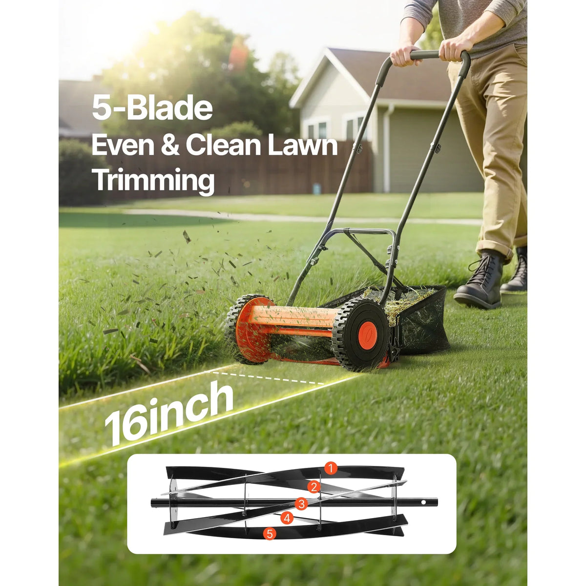 2026 NewKFFKFF 16-Inch Manual Push Reel Lawn Mower, 5-Blade Design, Adjustable Cutting Height from 0.6 to 1.75 Inches, Walk-Behind Mower with Grass Collection Bag for Lawns, Driveways, and Courtyards