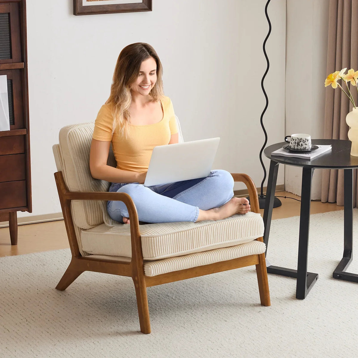 2026 NewKtaxon Accent Chair Corduroy Upholstered Armchair, Reading Club Chair with Pillow and Solid Wood Frame for Living Room Bedroom Furniture Off White