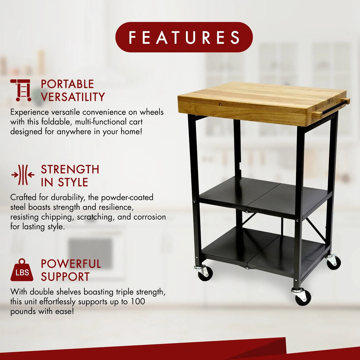2026 NewOrigami Foldable Wheeled Portable Solid Wood Top Kitchen Island Bar Cart