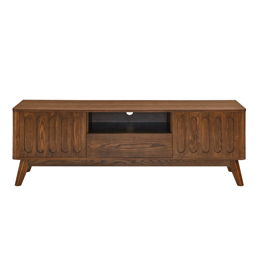 2026 NewNoble House Mid-Century Modern Fluted TV Stand for 65" TV, Entertainment Console with Storage, Solid Wood Legs, Walnut