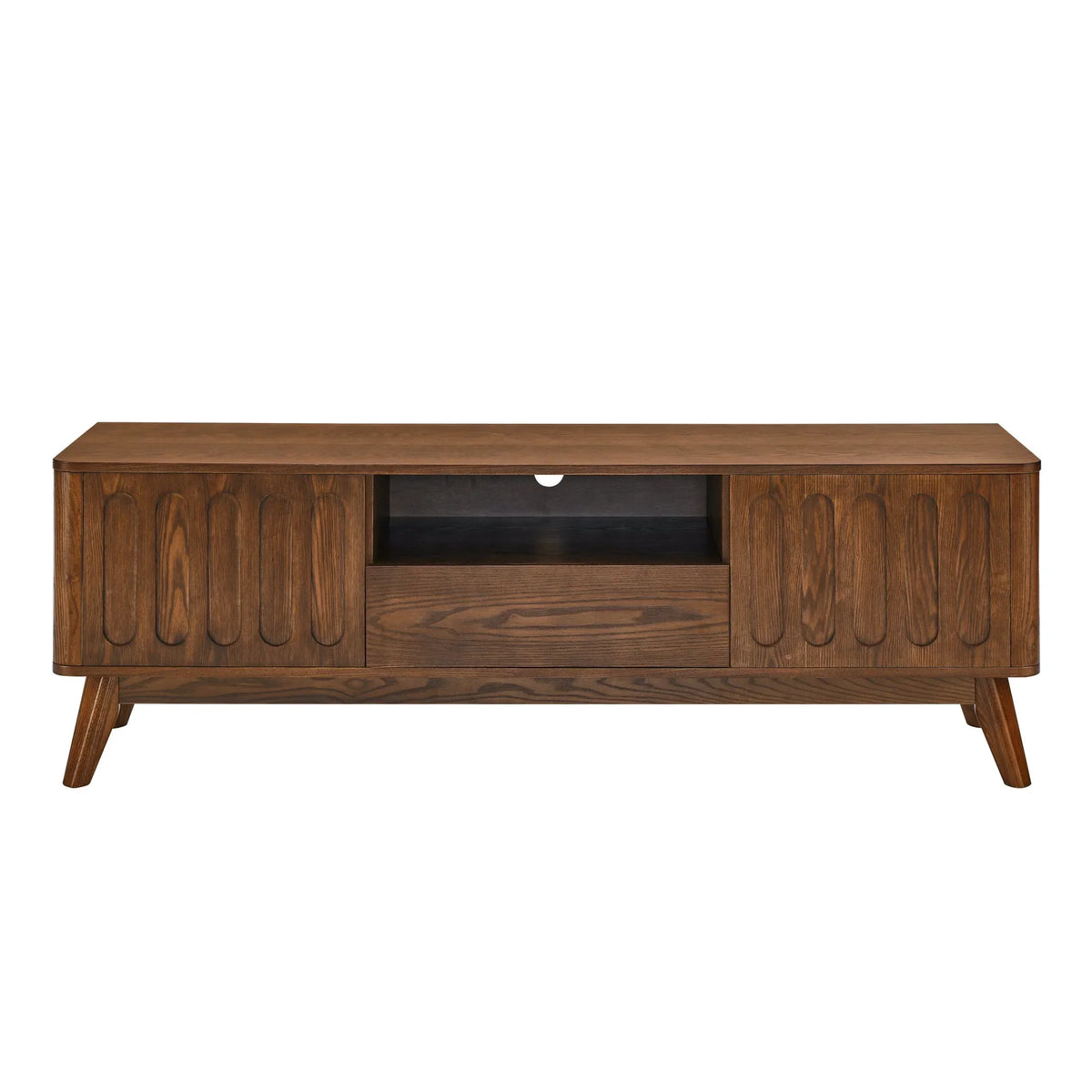 2026 NewNoble House Mid-Century Modern Fluted TV Stand for 65" TV, Entertainment Console with Storage, Solid Wood Legs, Walnut