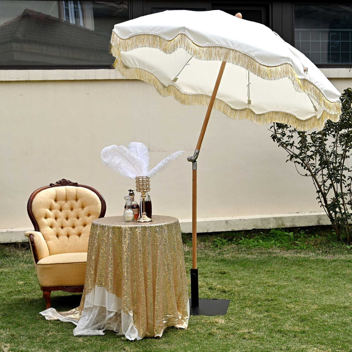 2026 NewLAGarden 6 Ft Fringe Patio Umbrella with Tassel Jazz Age Wood UPF50+ for Outdoor, Beige with gold tassel,Model: JZ6-01