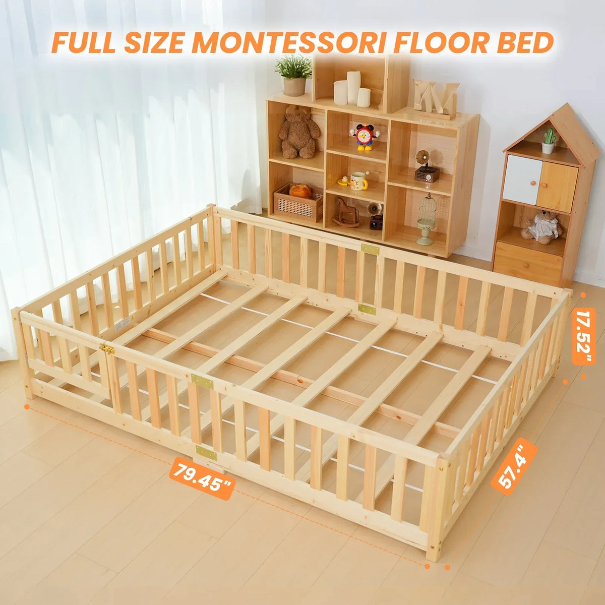 2026 NewSlsy Twin Size Toddler Floor Bed, Solid Wood Montessori Bed Frame with Fence & Door Montessori Floor Bed Crib with Safety Guardrails for Girls and Boys