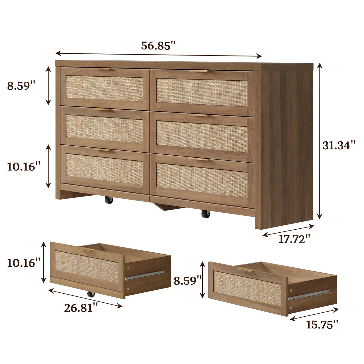 2026 NewSICOTAS 56.85" 6 Drawer Dresser,Rattan Dresser with Storage,Boho Dressers & Chests of Drawers Wooden Tall Dresser for Bedroom