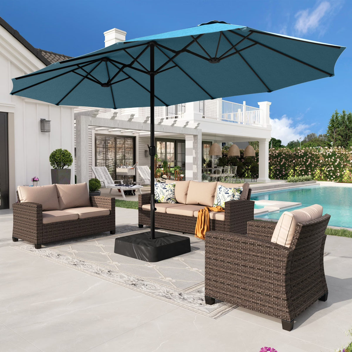 2026 NewAlpha Joy 15ft Outdoor Patio Umbrella Extra-Large Double-Sided Garden Umbrella with Crank Handle and Base - Smoky Gray