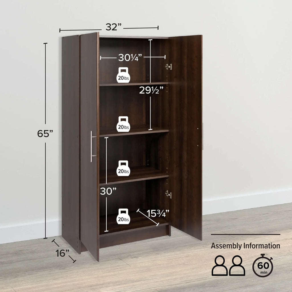 2026 NewPrepac Adjustable Shelves Cabinet - Functional Tall Garage Table, 16"D x 32"W x 65"H Freestanding Garage Cabinet with 2-Doors, Espresso - EES-3264