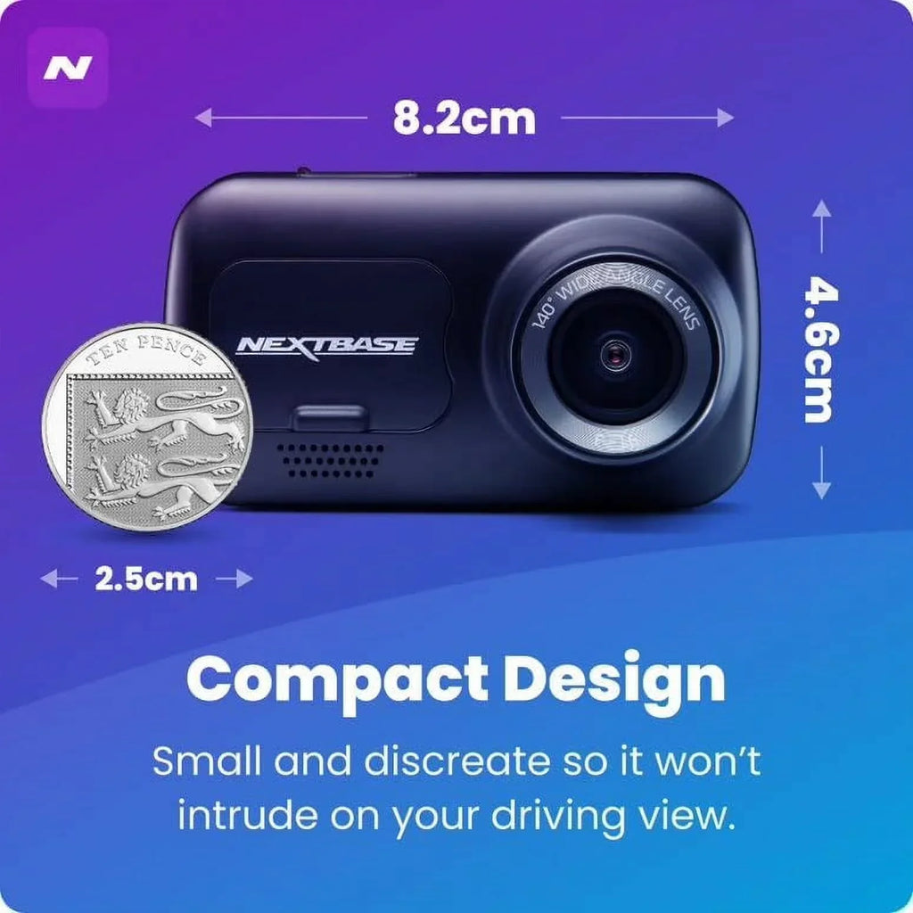 2026 NewNextbase 222X Compact Dual Dash Cam Front & Rear 2.5" HD IPS Screen, 1080p Full HD, 6 Layer Lens, Black, 0.17 lbs assembled.