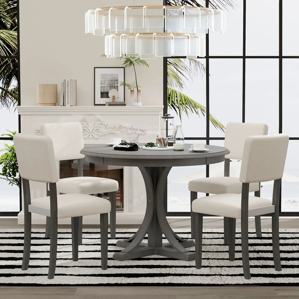 2026 New5 Piece Retro Round Dining Table Set with 4 Upholstered Chairs, Wood Dining Table with Curved Trestle Style Legs