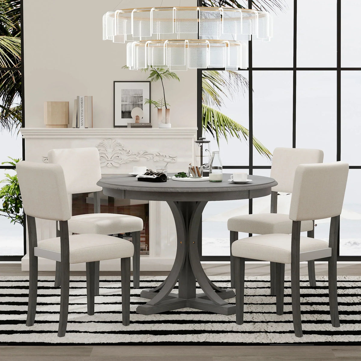 2026 New5 Piece Retro Round Dining Table Set with 4 Upholstered Chairs, Wood Dining Table with Curved Trestle Style Legs