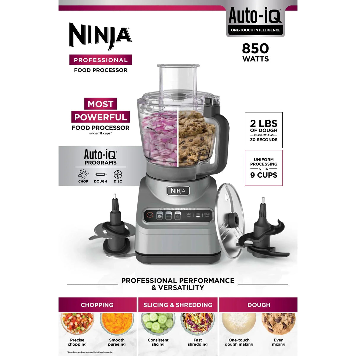 2026 NewNinja Professional 9 Cup Food Processor, 850 Watts, Auto-iQ 3 Presets, Chop, Dough, Slice, Shred, BN600 Silver