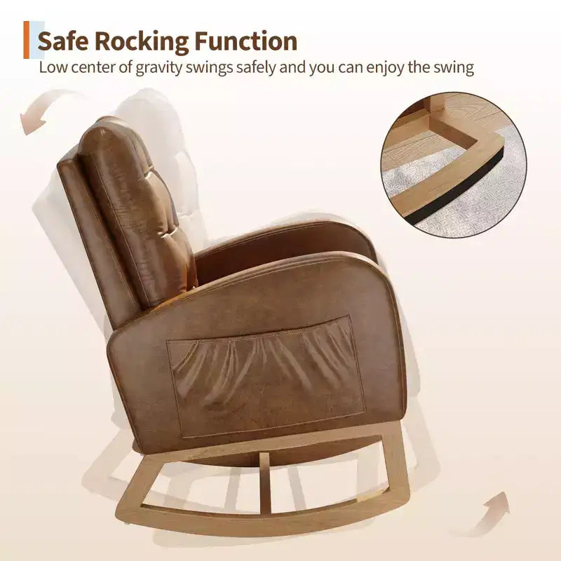 2026 Sillón mecedora deslizante tapizado con bolsillo lateral, estructura de madera, 1 plaza