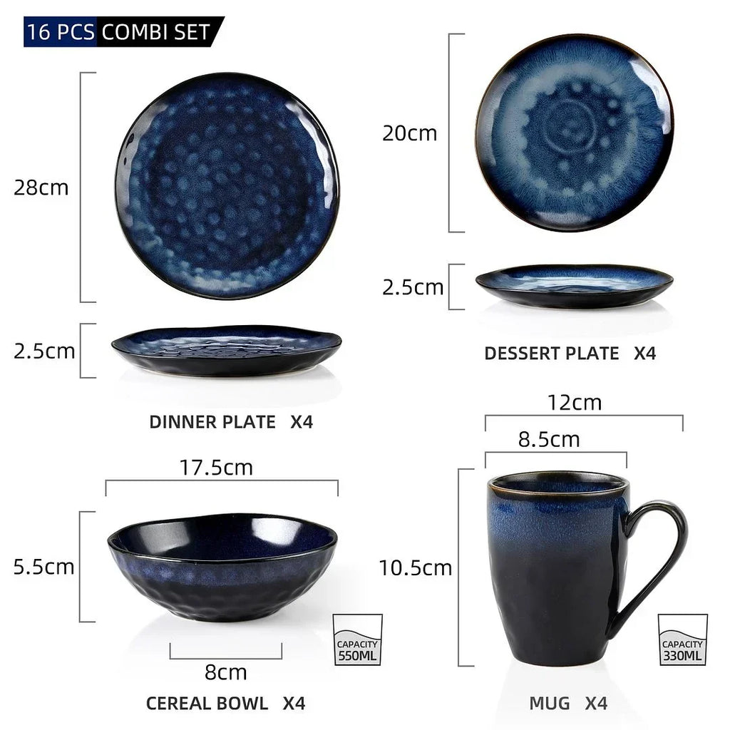 2026 NewVancasso,16-Piece Stoneware Dinnerware Set, Blue Dinner Set, Service for 4