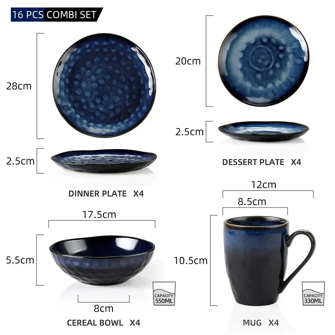 2026 NewVancasso,16-Piece Stoneware Dinnerware Set, Blue Dinner Set, Service for 4