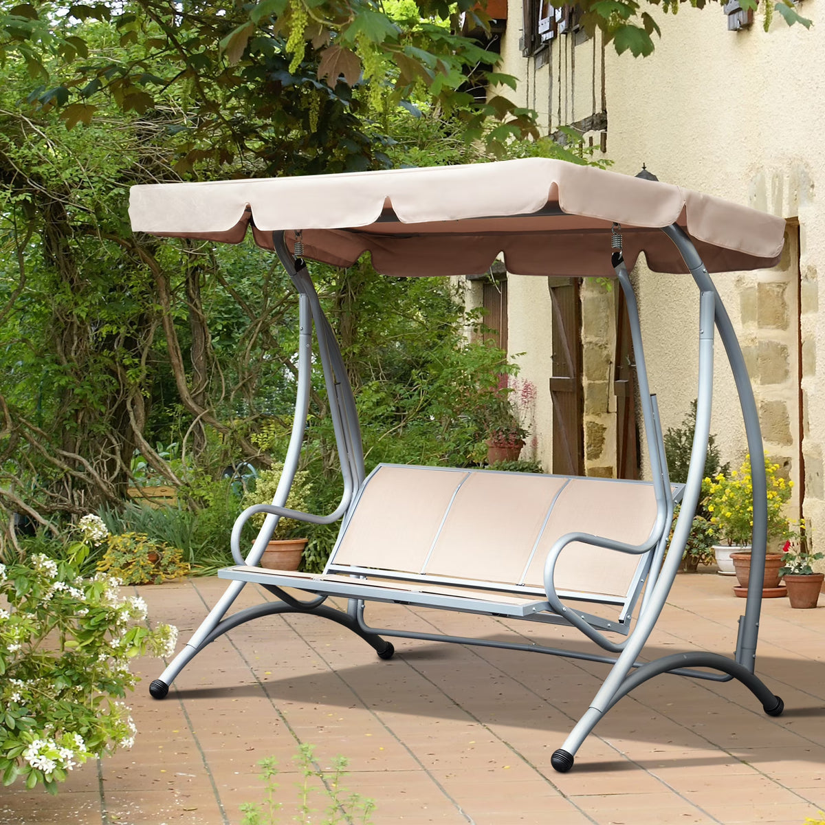 2026 NewOutsunny 3 Person Patio Swing Seats, Porch Swing with Stand & Adjustable Canopy, Heavy Duty Outdoor Swing Chair Bench for Adults, Black