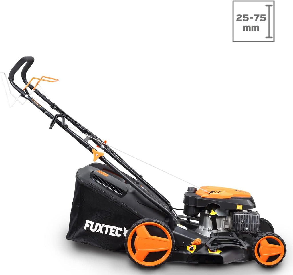 2026 Cortacésped de tracción de Gasolina autopropulsado FUXTEC FX-RM4646 46cm de Ancho de Corte, Potente Motor de Gasolina con transmisión GT 146cc Easy Clean 4en1 2,6KW Mulching/Bolsa de césped 50L