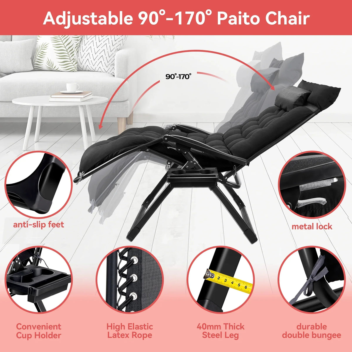 2026 NewVECUKTY XXL Oversize Zero Gravity Chair - 500lb Capacity, 33-Inch Wide Padded Seat, Folding Travel Recliner for Outdoor / Indoor Use - Patio, Lawn, Black, Portable and Heavy Duty