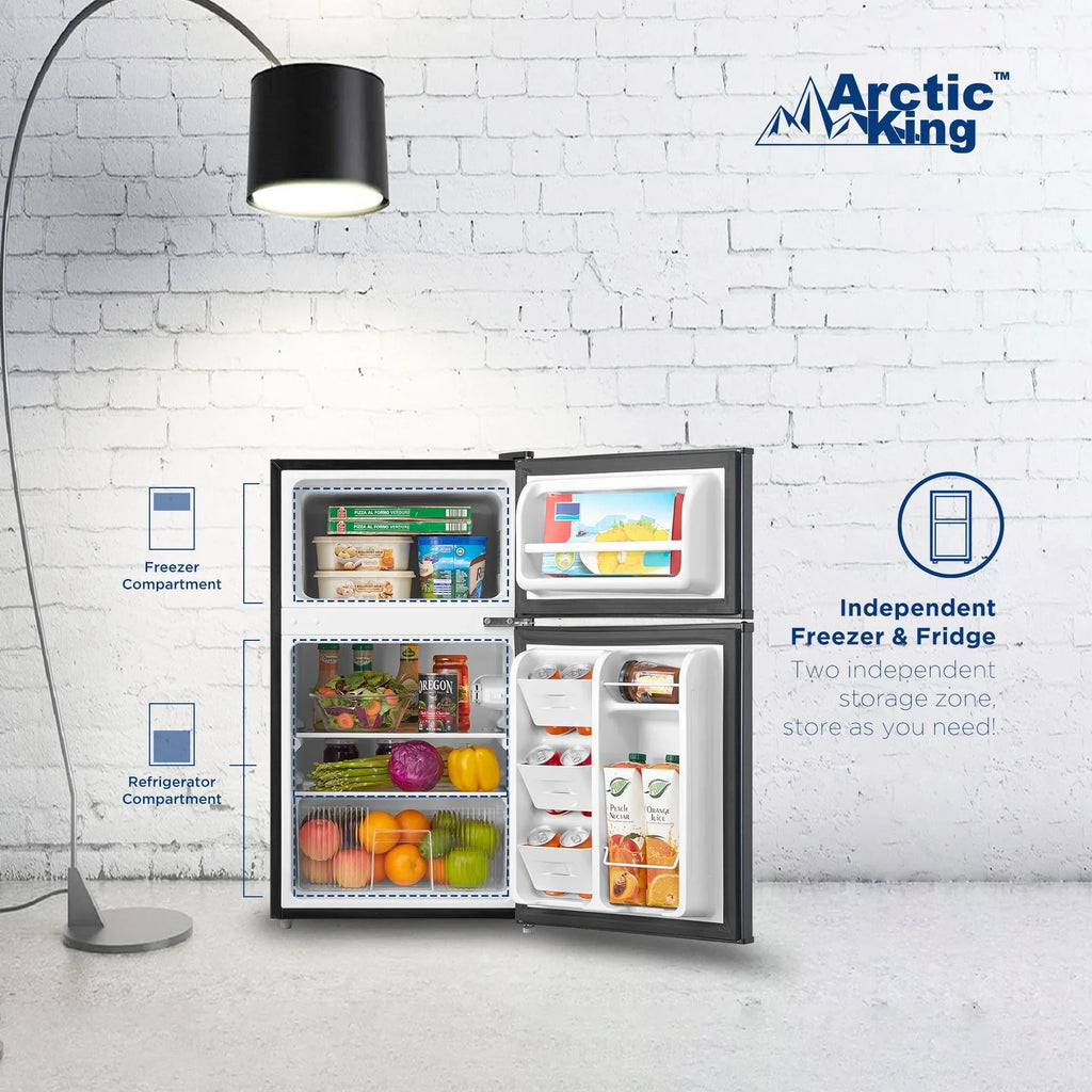 2026 NewArctic King 3.2 Cu ft Two Door Mini Fridge with Freezer, Stainless Steel, E-Star, ARM32D5ASL