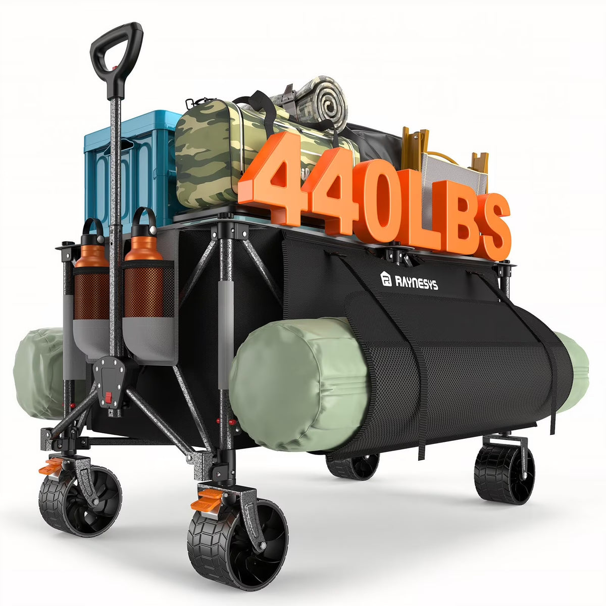 2026 NewRaynesys 300L Foldable Wagon Cart with Wheels, 440lbs Heavy Duty Beach Wagon for Sand Sports Camping Grocery, Black & Gray