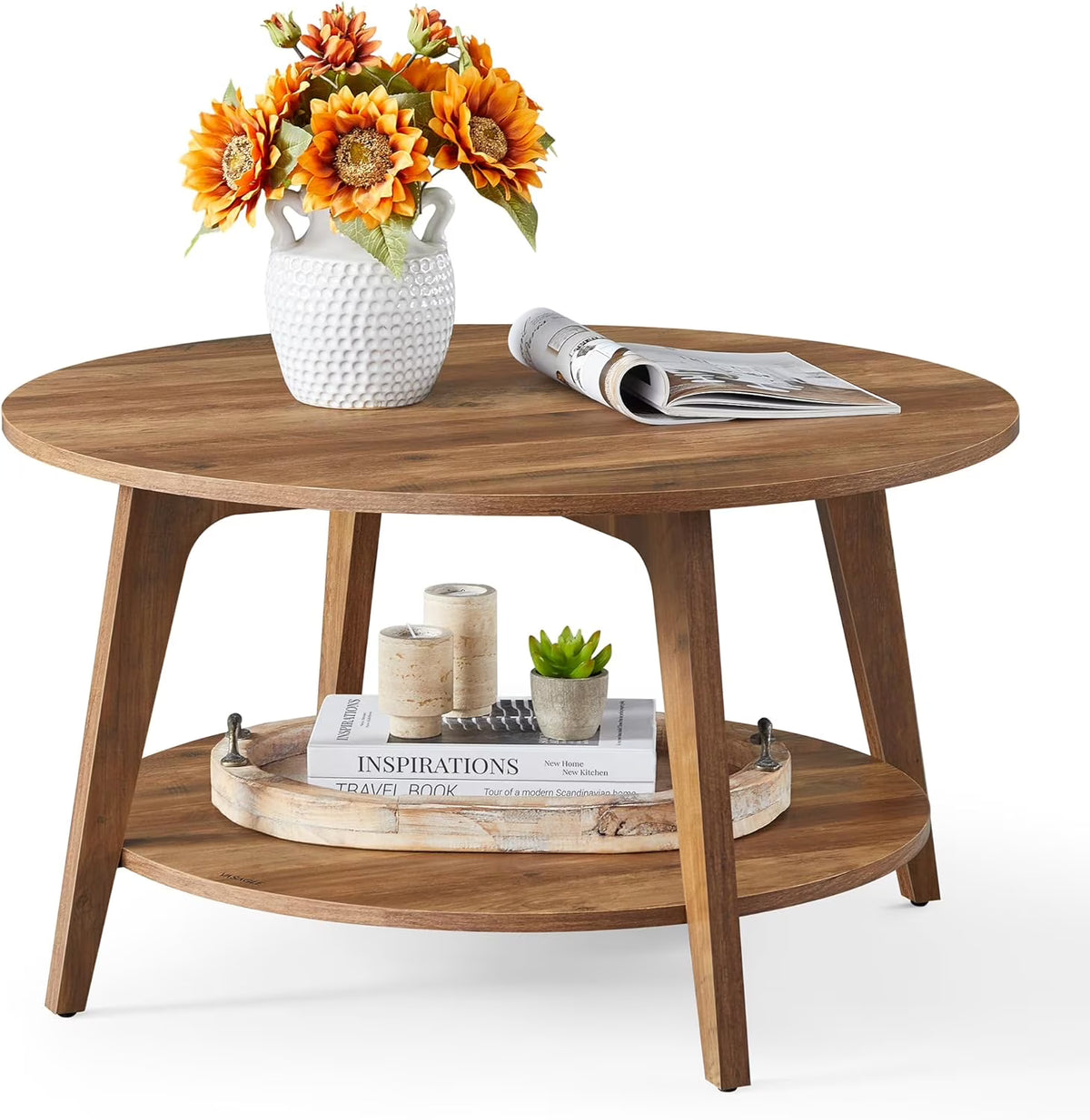 2026 NewVASAGLE Round Coffee Table, 2 Tier Coffee Table with Storage, for Living Room, 31.5 x 17.7 Inches, Easy to Assemble, Honey Brown