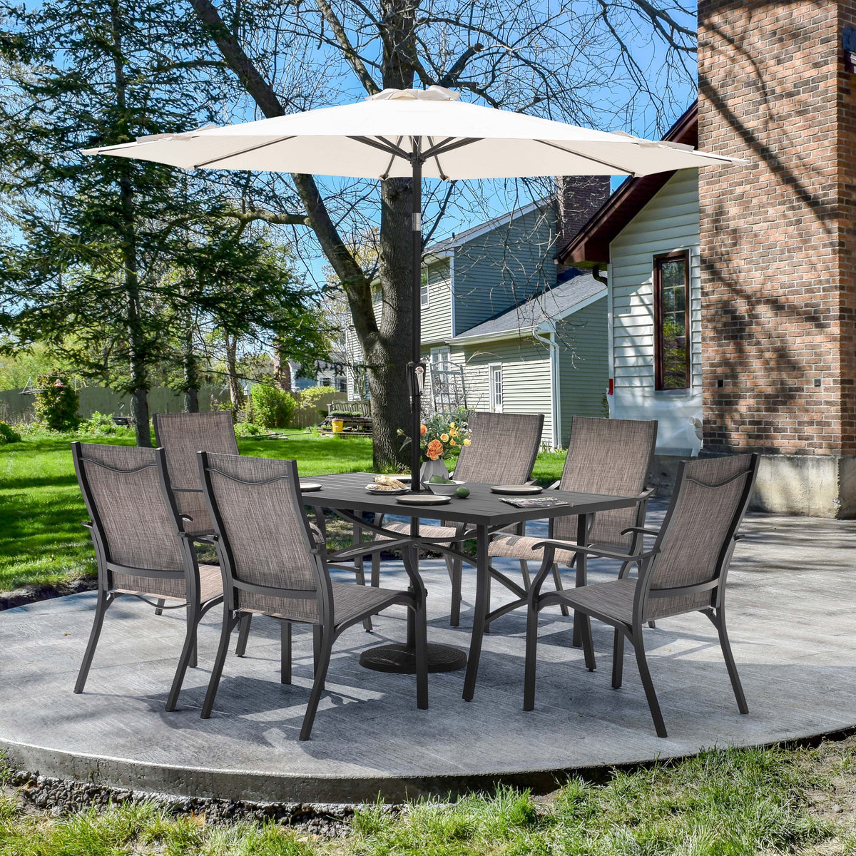 2026 NewNuu Garden 7 Piece Patio Dining Set, Rust-Resistant Aluminum Outdoor Dining Set, Include 6 Textilene Chairs and Rectangle Dining Table with Umbrella Hole, Grayish Brown