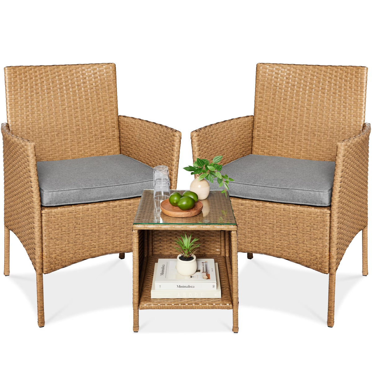 2026 NewBest Choice Products 3-Piece Outdoor Wicker Conversation Patio Bistro Set, w/ 2 Chairs, Table - Gray/Navy