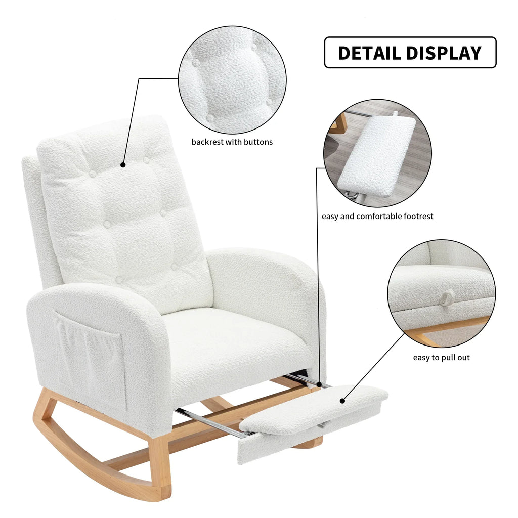 2026 NewModern Accent Rocking Chair with Pull-out Footrest,Nursery Glider Chair with Solid Wood Legs & Side Pocket,Upholstered Lounge Chair with High Backrest,White