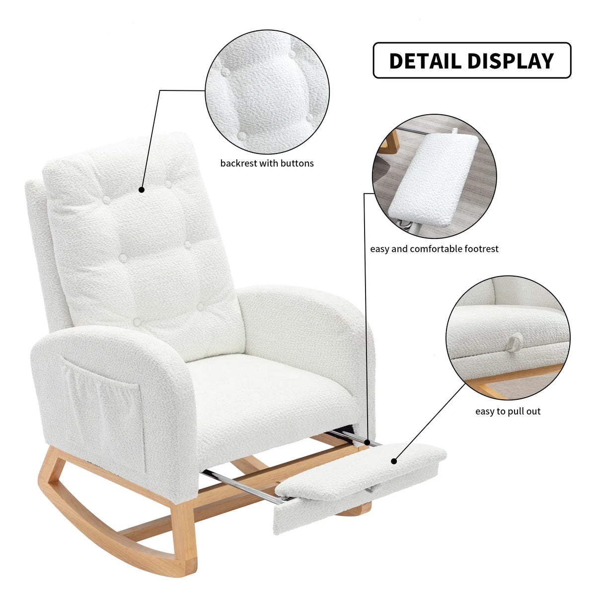 2026 NewModern Accent Rocking Chair with Pull-out Footrest,Nursery Glider Chair with Solid Wood Legs & Side Pocket,Upholstered Lounge Chair with High Backrest,White