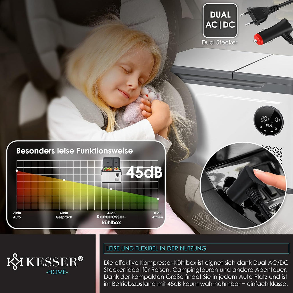 2026 Nevera portátil con compresor KESSER 2 en 1, doble zona de refrigeración y congelación, con 2 acumuladores de frío y control táctil LED | Refrigerador con capacidad de enfriamiento hasta -20 °C para camping, coche y camión, 12/24 V 230 V