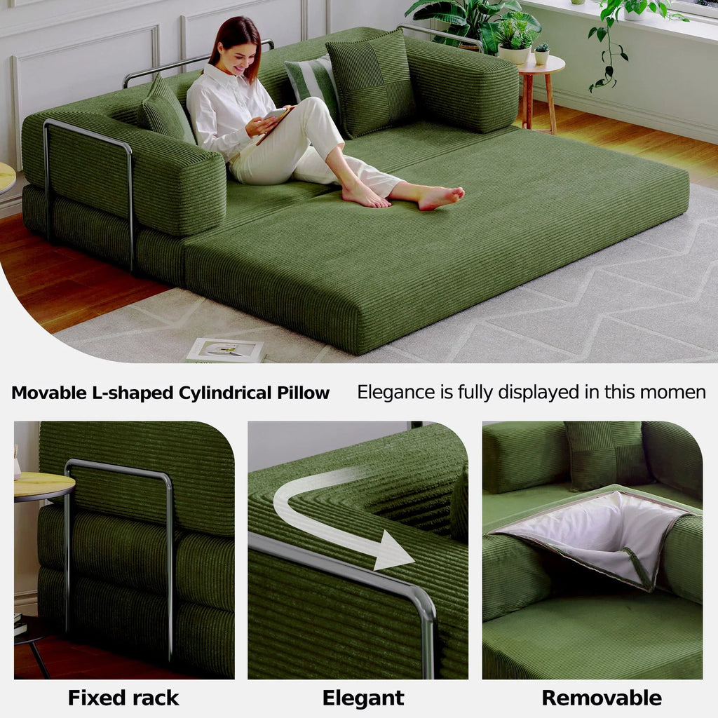 2026 NewConvertible Sleeper Sofa Bed,Compressed Floor Boneless Couch,Modular Modern Corduroy Sofa for Living Room Bedroom -with Fixed-Shape Frame and Support Armrest,Easy Assembly(Green)