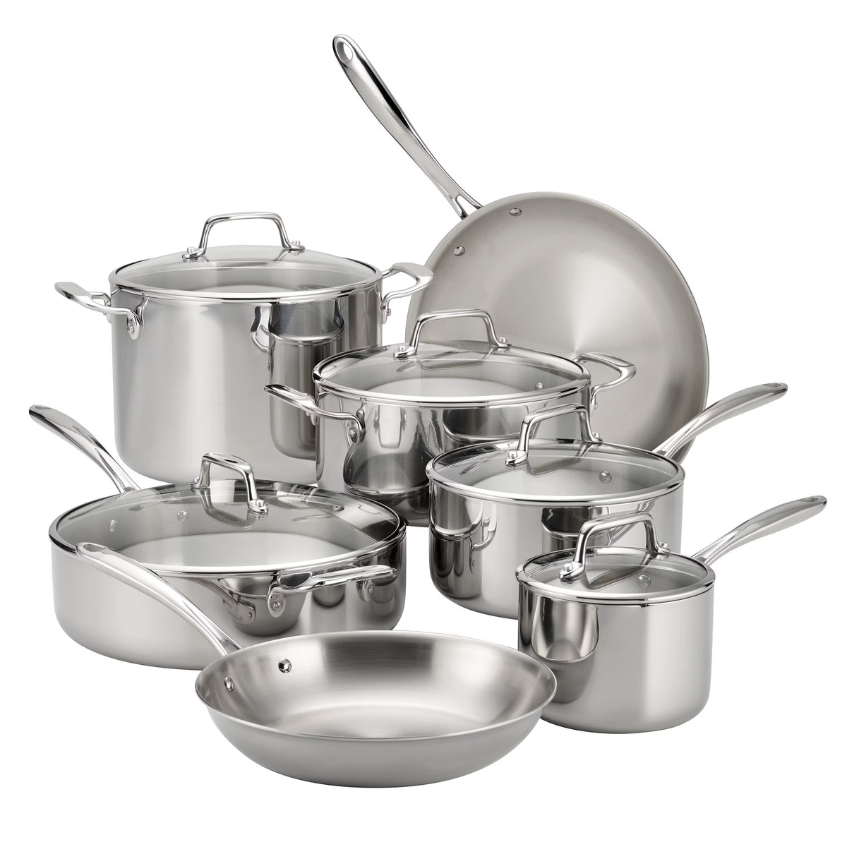2026 NewTramontina 14-Piece Tri-Ply Clad Stainless Steel Cookware Set, with Glass Lids