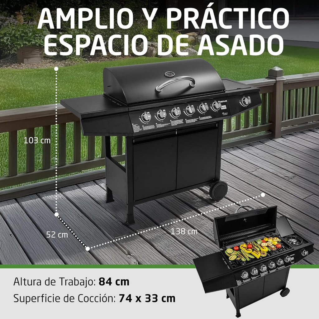 2026 Amig - Barbacoa de gas Fireplus 6 1 de 12,9 kW - Acero inoxidable Negro - Parrilla con ruedas Modelo GRILL-6F - Barbacoa XXL con carro y termómetro - 138x52x103 cm - 7 quemadores y Bandeja lateral