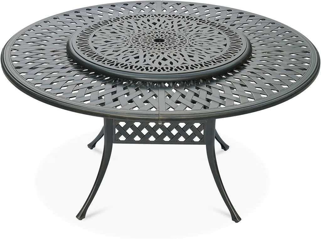 2026 NewVIVIJASON Outdoor 61" Patio Dining Table for 6-8 Person, Large Patio Round Dining Table with 24" Lazy Susan, Dark Bronze Cast Aluminum Rustic Patio Table W/Umbrella Hole for Balcony, Porch and Deck
