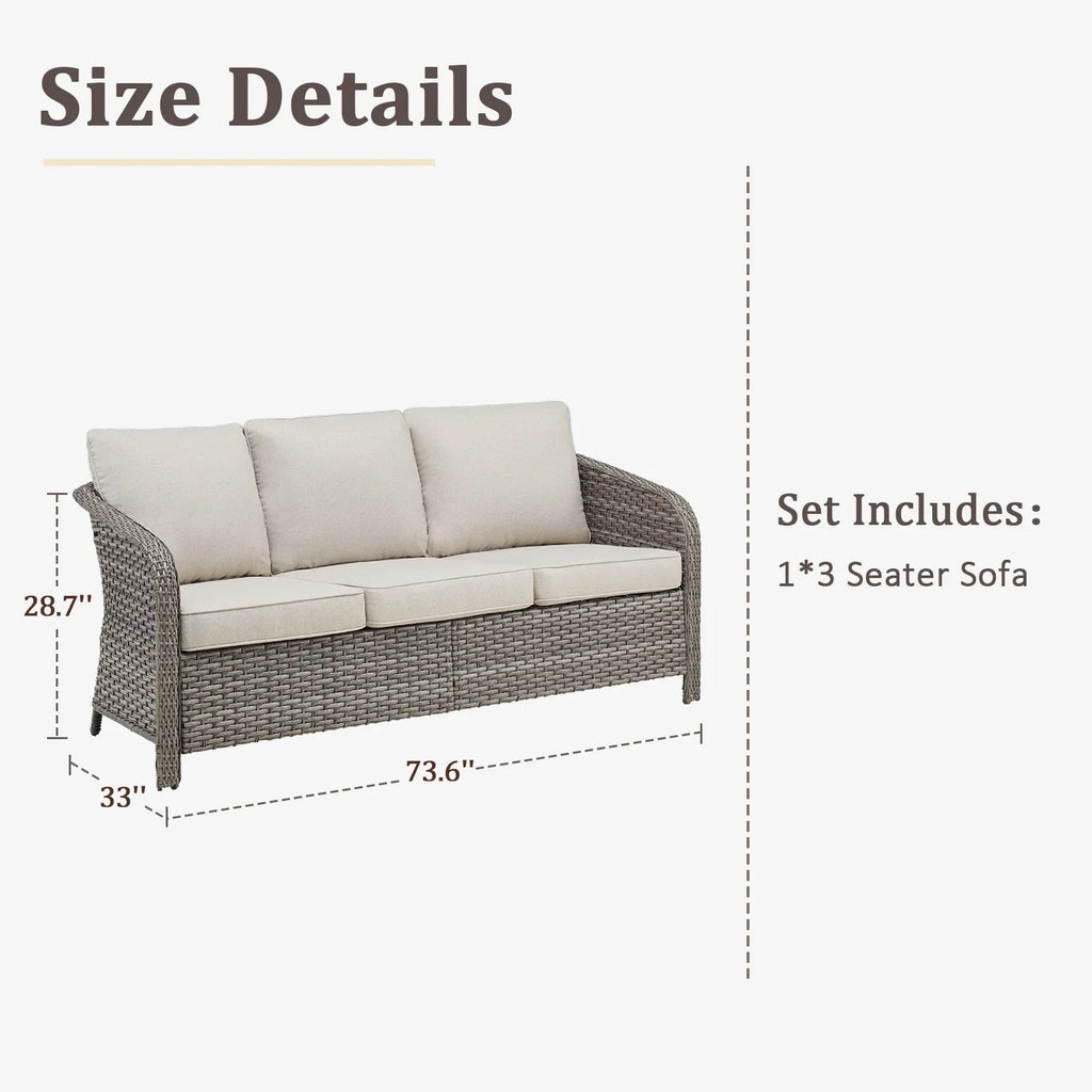 2026 New3-Seat Patio Wicker Sofa Outdoor Rattan Couch Furniture Steel Frame with Beige cushion&Waterproof Cover, Gray