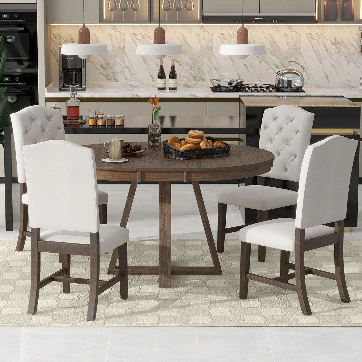 2026 New5 Piece Round Dining Table Set, Dining Room Set with Extendable Table and 4 Upholstered Chairs, Wood Dining Table Set for 4, Farmhouse Dining Table Set for Kitchen Dining Room Dorm Apartment, Brown