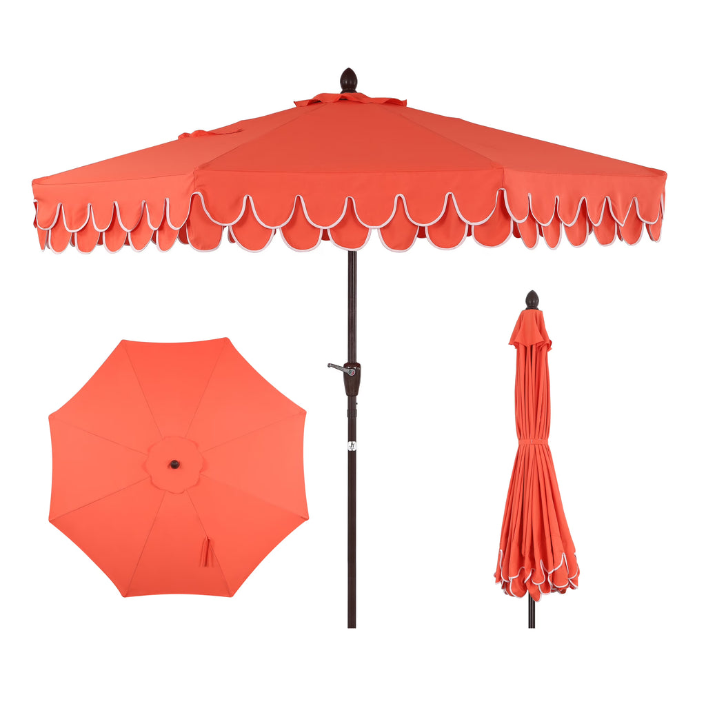 2026 NewJONATHAN Y Tracy 9 ft. Market Patio Umbrella, Classic Mid-Century Scalloped Fringe, with Auto-Tilt Crank, Wind Vent and UV Protection, Coral Pink/White, Dark Brown Pole