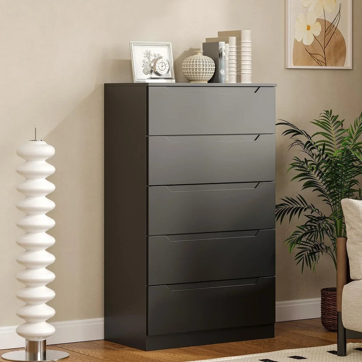 2026 NewWinkalon Vertical 5 Drawer Dresser, Wood Storage Cabinet with Upgraded Stable Base for Bedroom Living Room, Black