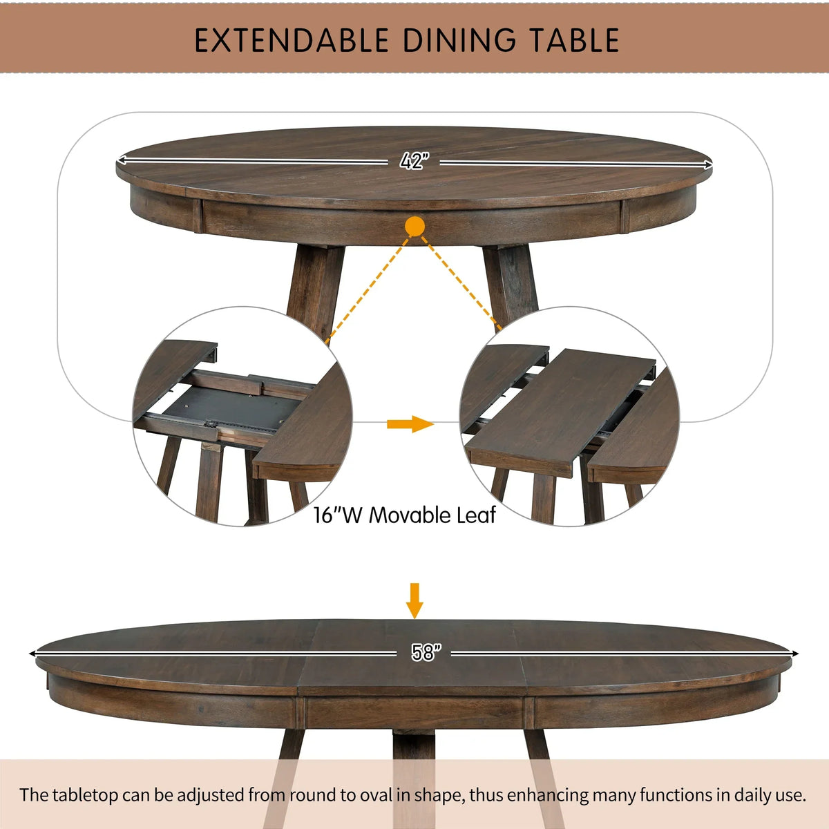 2026 New5 Piece Round Dining Table Set, Dining Room Set with Extendable Table and 4 Upholstered Chairs, Wood Dining Table Set for 4, Farmhouse Dining Table Set for Kitchen Dining Room Dorm Apartment, Brown