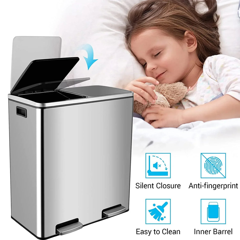 2026 NewArlopu 60 L/16 gal Dual Trash Can, Stainless Steel Garbage Can for Kitchen, Recycle Bin with Lid